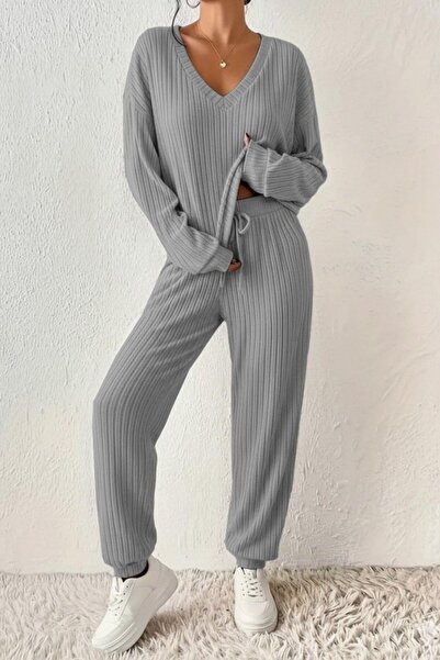 Mossta V-Neck Ribbed Knit Blouse Trousers Two-Piece Set - Gray