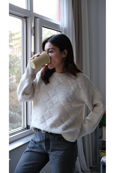 EKİN DEMİR Crew Neck Casual Diamond Pattern Basic Women's Sweater