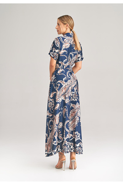 Figl Elegant long satin dress, navy blue with flowers, M1021, one size fits all