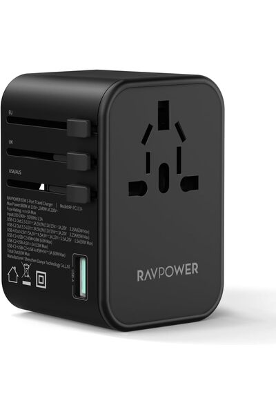 RavPower شاحن سفر PD 65 واط من بايونير الإصدار العالمي بثلاثة منافذ، أسود