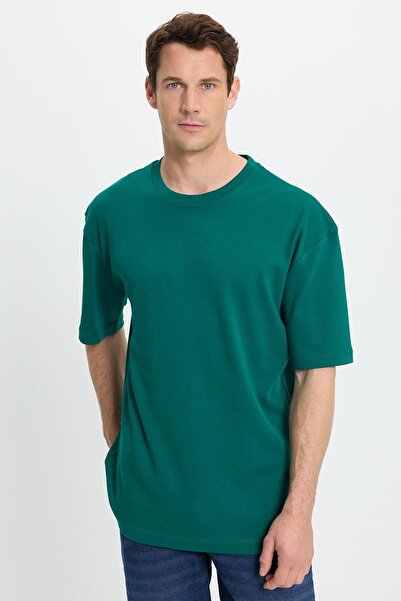 Tudors Unisex Oversize Wide Cut 100% Cotton Soft Textured Basic Crew Neck Green T-Shirt
