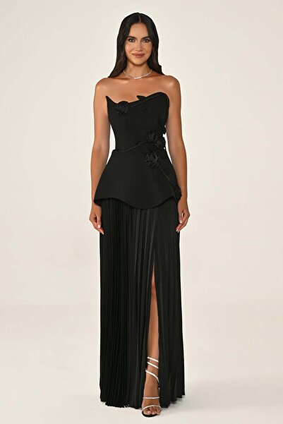 Hanımefendi Giyim Straplez Çiçek Aksesuarlı Üstü Krep Eteği Piliseli Şifon Uz...