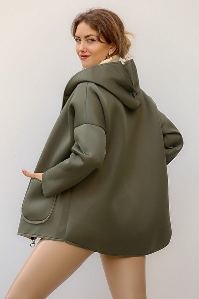 della moor Women's Khaki Italian Scuba/Diver Fabric Zippered Hooded Oversize Jacket