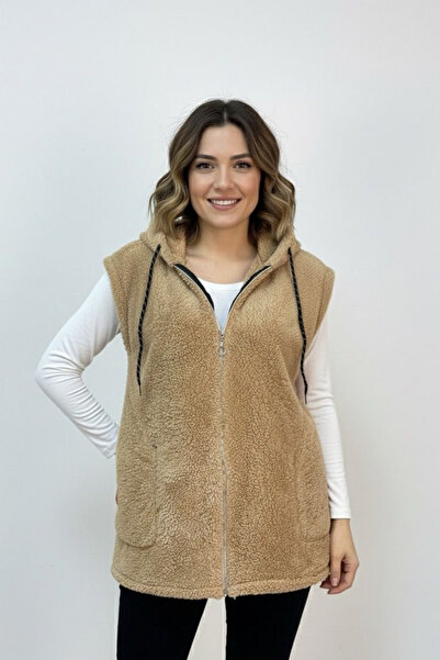 MILANOFOX Women's Hooded Zippered Double Pocket Oversized Camel Plush Vest