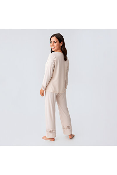 Penelope Lace Long Sleeve Lace Stretchy Viscose Pajama Set - Beige/Xl