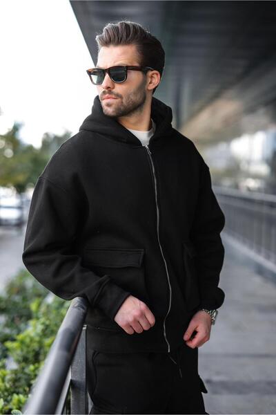 Madmext Black Hooded Cargo Pocket Piece Men's Tracksuit Set E7342