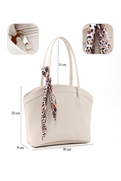 SHAKA Cream Shk274 Faux Leather Zippered Single Compartment Handbag, Arm Bag and Shoulder Bag with Scarf Gift