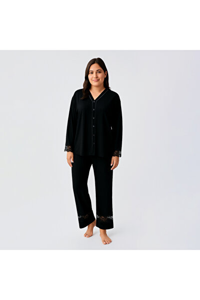 Penelope Lace Long Sleeve Lace Stretchy Viscose Pajama Set - Black/Xl