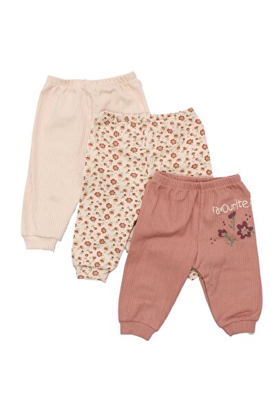 bebegen Baby Girl Ecru Beige Powder Floral Patterned 3-Piece Single Bottom Set