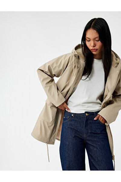 Koton Leather-Look Waterproof K Hooded Coat with Faux Fur Inside and Zippered Pockets