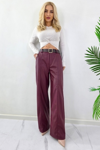 FashionForYou Long pants, padded -leather, Leonis, with elastic band and pockets, Bordeaux, Size S/M, S/M