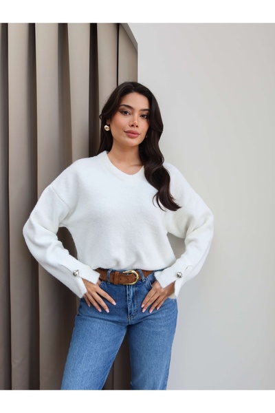 ESRAHELVACI V-Neck Sleeve Buttoned Soft Sweater