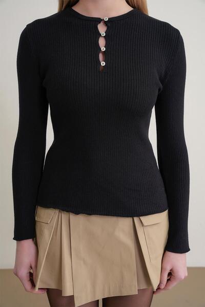 Mixray 6982 Women's Britli Detailed Soft Basic Sweater Black