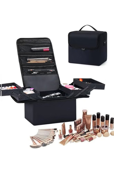 Generic Black makeup bag, double-layer travel makeup case, suitable for nail care, toiletries, and cosmetics