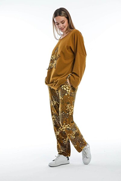 della moor Women's Mustard Italian Leopard Pattern Low Sleeve Loose Pajama Set