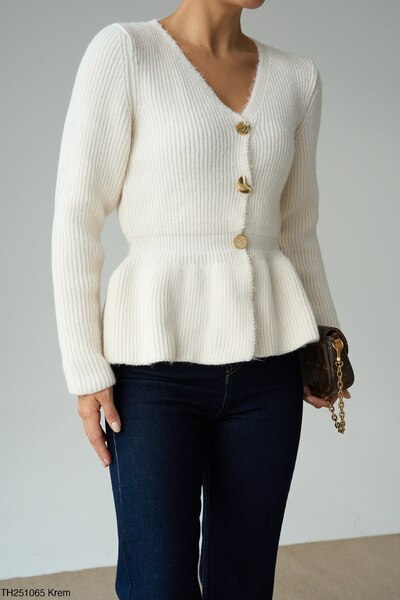 My Blog Cream 3 Button Pleated Cardigan - 251065