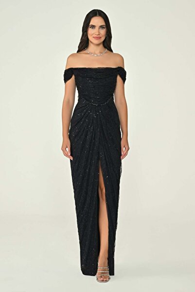 Hanımefendi Giyim Düşük Omuz Drapeli Simli Dantel Uzun Elbise