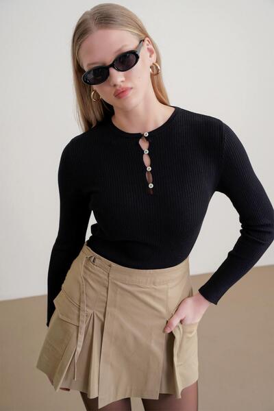 Mixray 6982 Women's Britli Detailed Soft Basic Sweater Black