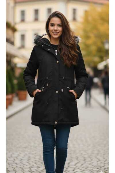 güncüoğlu Slim Fit Hooded Fur Lined Coat Length 70cm