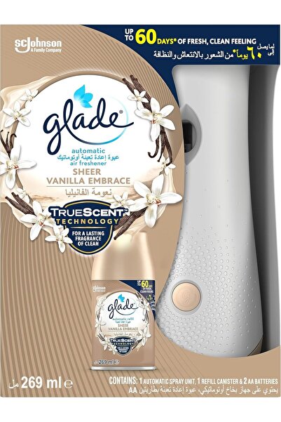 Glade Automatic Air Freshener Spray Holder with Scented Sheer Vanilla Embrace Refill Starter Kit, 26