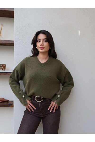 ESRAHELVACI V-Neck Sleeve Buttoned Soft Sweater
