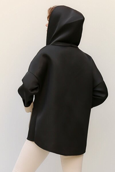 della moor Women's Black Italian Scuba/Diver Fabric Zippered Hooded Oversize Jacket