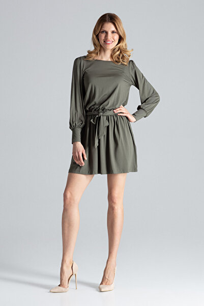 Figl Elegant mini dress with long sleeves and belt, olive green - M577 size S/M