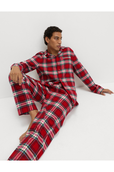 Marks & Spencer Saf Pamuklu Noel Kareli Pijama Takımı