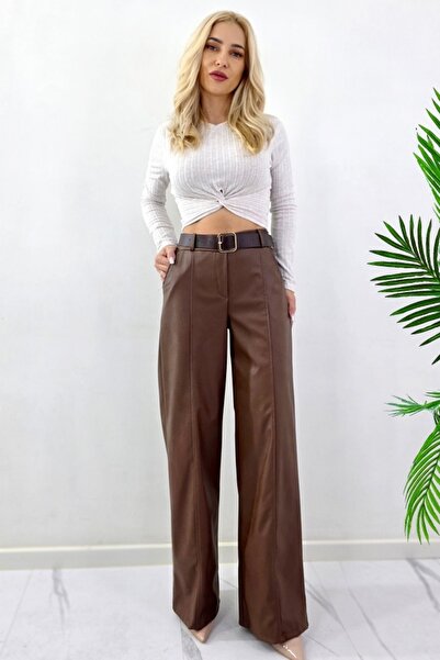 FashionForYou Leonis padded trousers, made of -leather, with pockets and matching belt, Brown, Size S/M, S/M