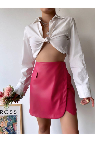 Zerenyus Oval Leather Skirt with Pocket Detail Fuchsia