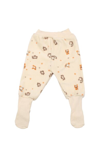 bebegen Unisex Baby Beige Dog Patterned Velvet Self-Sock Bottoms with Socks