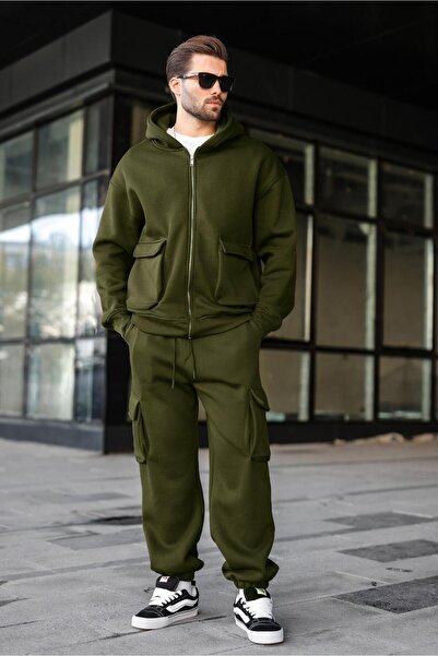 Madmext Khaki Hooded Cargo Pocket Piece Men's Tracksuit Set E7342
