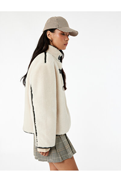 Koton Mock Neck Coat Plush Piped Detail Buttons Long Sleeve