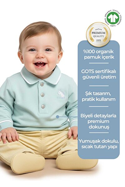 Ozmoz By Mukadder Özden قميص عضوي برقبة بولو باللون الأخضر النعناعي للأطفال الذكور في فصل الشتاء