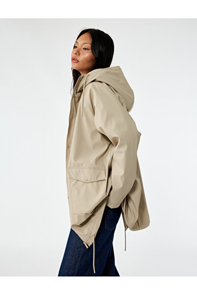 Koton Leather-Look Waterproof K Hooded Coat with Faux Fur Inside and Zippered Pockets
