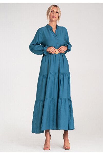 Figl Long casual dress with belt, with ruffles at the bottom – blue M1212 Universal