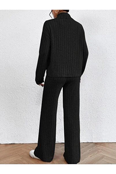 NEWORGINAL Women's Turtleneck Cotton Line Pattern Casual Comfortable Two-Piece Set