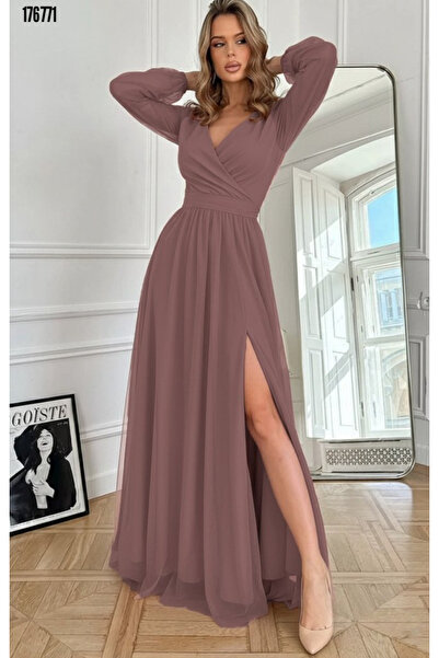 moda wanilia Women's Long Sleeve Turtleneck Deep Slit Detail Crepe Dress