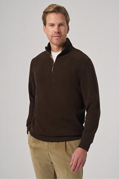 Morven Men's Brown Zippered Bato Collar Dynamic Fit Sweatshirt