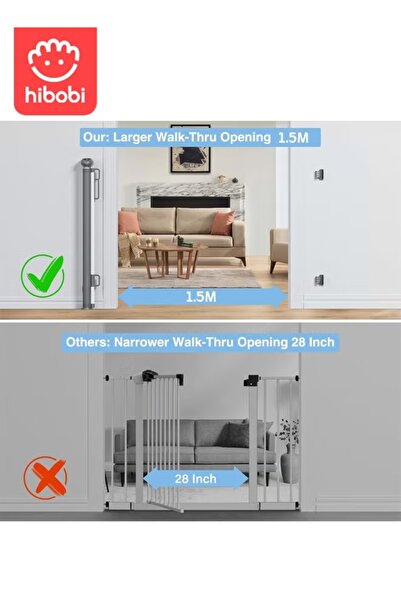 hibobi Retractable Safety Gate 180×86cm, No Bottom Bar, One-Hand Lock, For Stairs, Hallways & Balconies