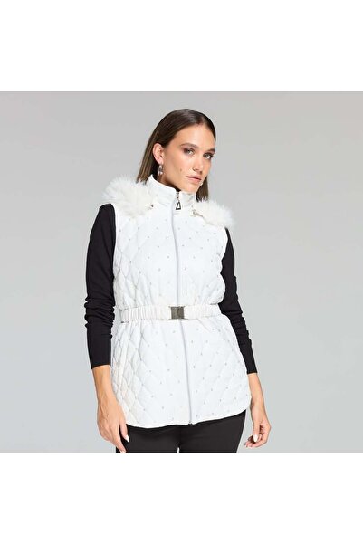 FUAT GÜRSEN Collar Fur Detailed Waist Belted Pearl Embroidered Vest