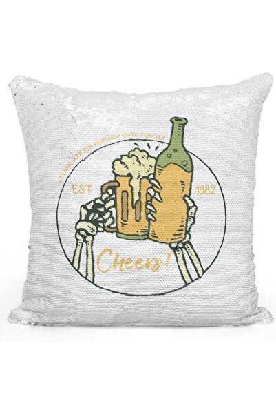 Lit Decorative Throw Cheers Design Sequin Pillow White 16 x 16 inch