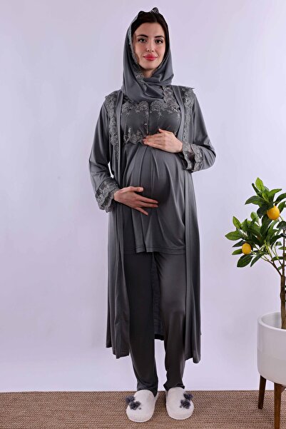 ByLohusa Effortt Smoked Hijab Long Robe Maternity Pajama Set