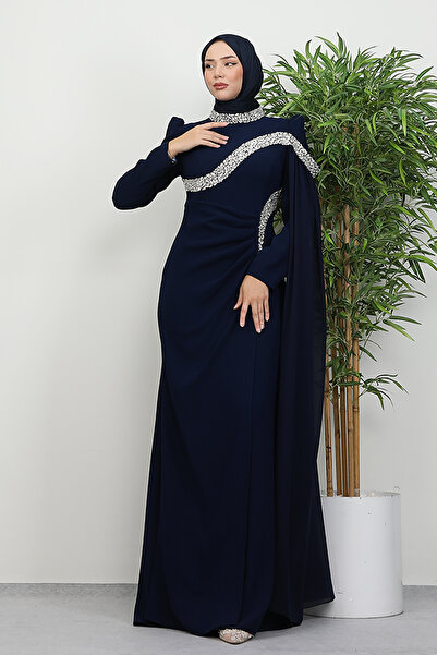 Lamia Giyim Hanzade Krep Abiye Lacivert