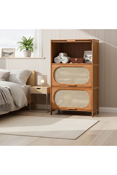 Sinyin طاولة ليلية، طاولة بجانب السرير، خزانة تخزين من الخيزران متعددة الطبقا...