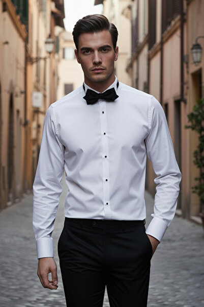 NAZEF Slim Fit Custom Made Horse Collar White Cotton Groom Shirt