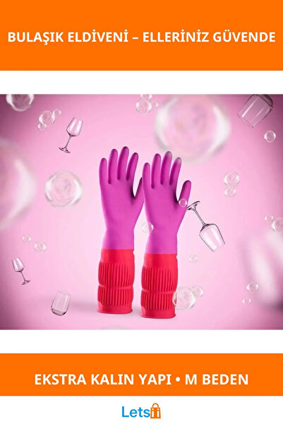 Letsii Uzun Konç Su Geçirmez Bulaşık Eldiveni M Beden Pembe Turuncu