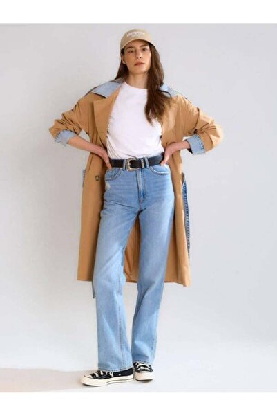 Robin 87077 Jean Λεπτομερής μακριά καμπαρντίνα με λεπτομέρειες καραμέλας