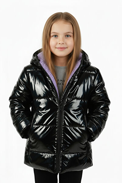 Merdia Дівчача водо- та вітронепроникна куртка з хутряною підкладкою та капюшоном, чорна, блискуча