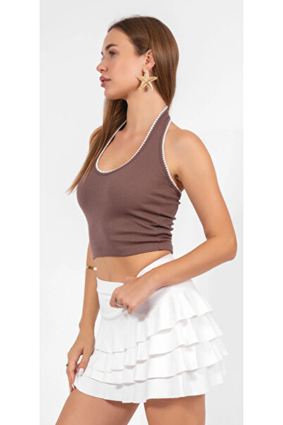 ALCİNOUS Halter Necklace Crop Top with 100% Cotton Embroidery Details